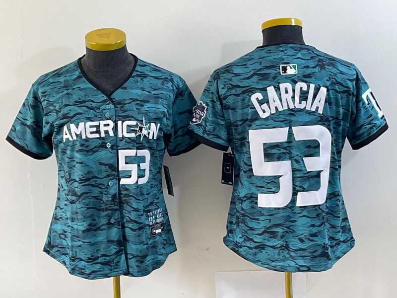 Women%27s Texas Rangers #53 Adolis Garcia Number Teal 2023 All Star Stitched Baseball Jersey